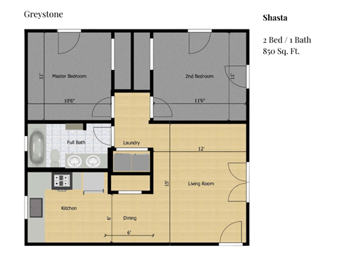 Floor plan for 2 beds, 1 bath, 1299 sqft
